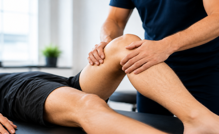 Φυσικοθεραπευτής εφαρμόζει τεχνική Manual Therapy στο γόνατο ασθενούς