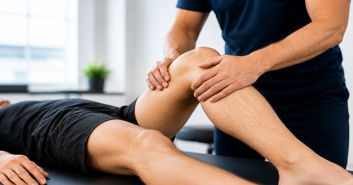 Φυσικοθεραπευτής εφαρμόζει τεχνική Manual Therapy στο γόνατο ασθενούς